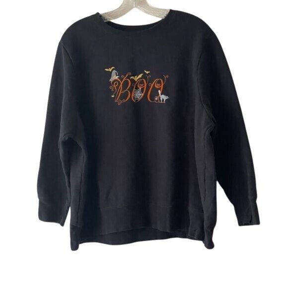 Halloween "Boo" Graphic Black Sweatshirt 1X Cotton Blend Casual Fall Fashion - Picture 2 of 7